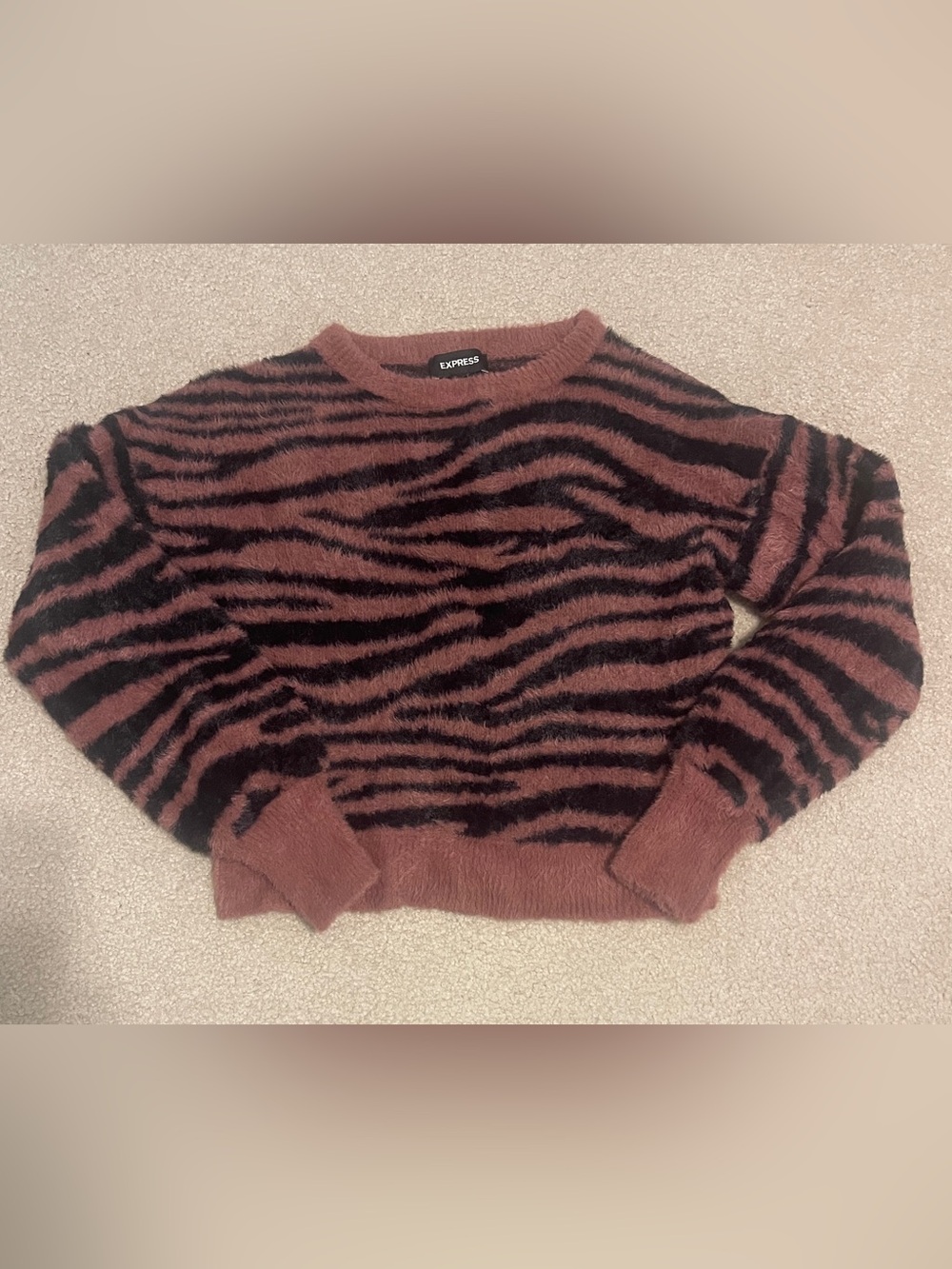 Express Mauve and Black Zebra Fuzzy Crewneck Sweater